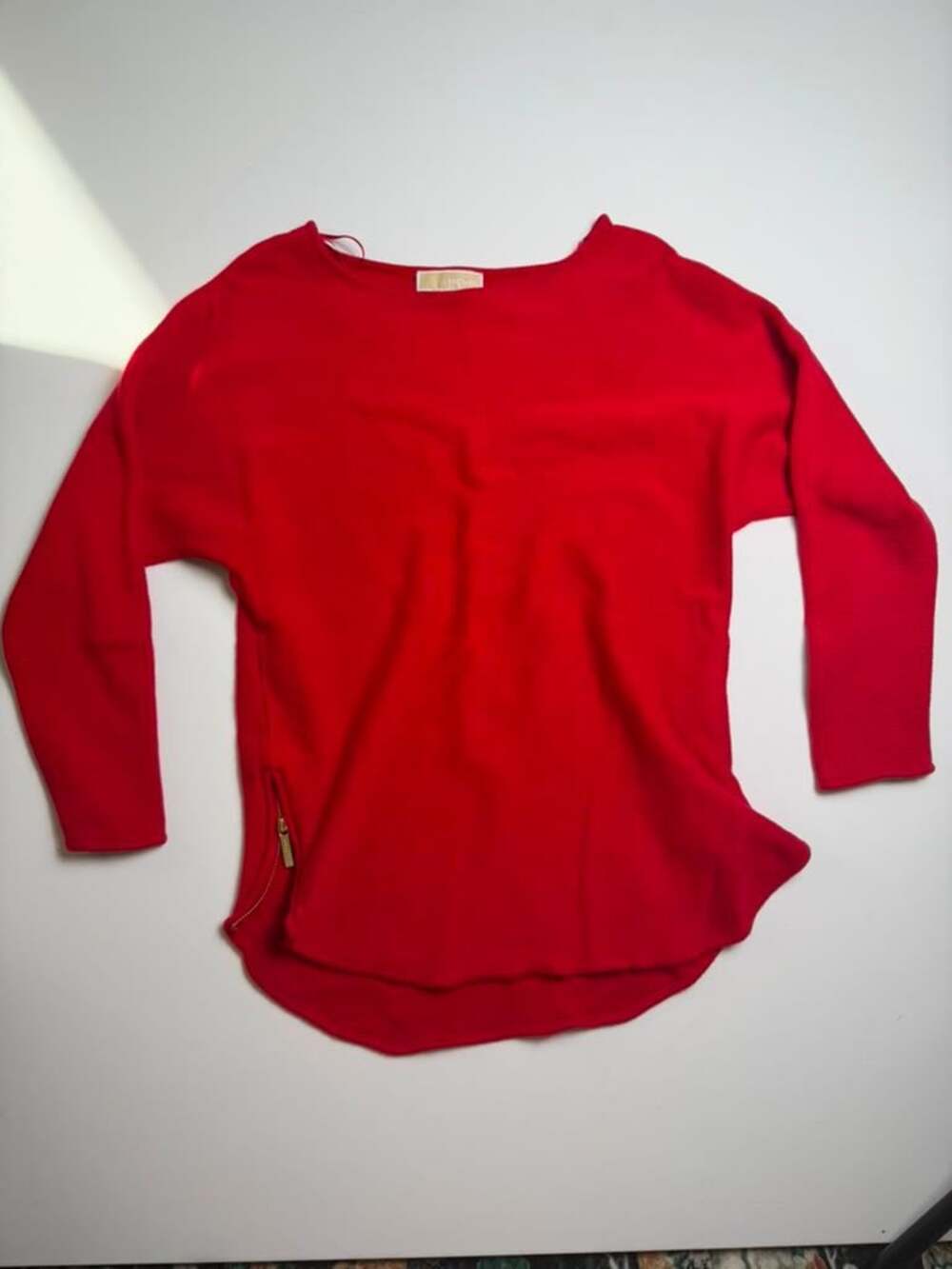 Michael Kors Red Side Gold Zip Sweater Knit Long Sleeve Top Size L Sweater